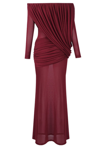 Long Sleeve Draped Bardot Maxi Dress Burgundy