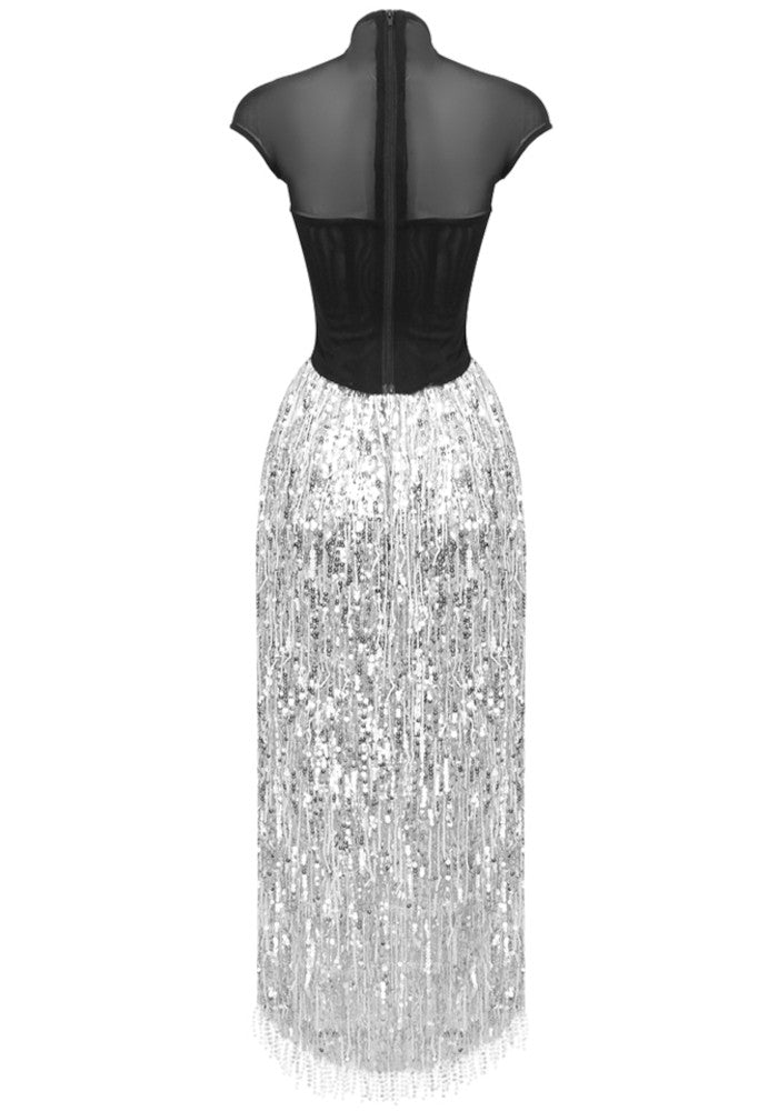 Cap Sleeve Corset Two Piece Maxi Dress Black Silver