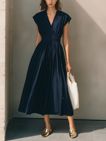 Women's Modern Minimalist French-Style Elegant Dress — V-Neck, X-Silhouette, Cinched Waist, Deep Navy Blue  MDZ2136D9ZJW