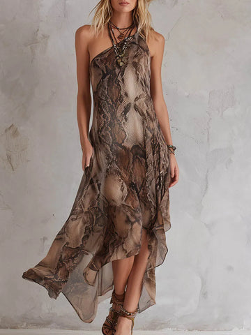 Women's Abstract Print One-shoulder Sleeveless Casual Loose A-line Dress