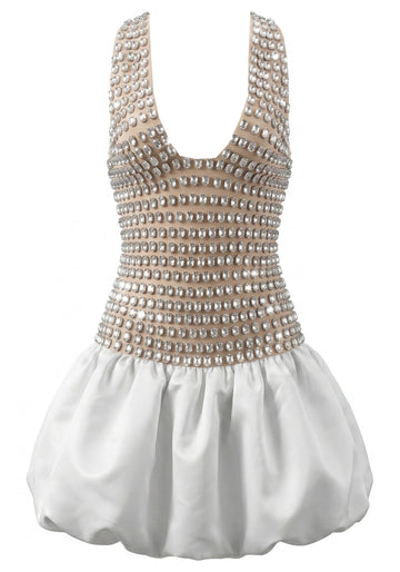 Halter Crystal Corset Bubble Dress Nude White