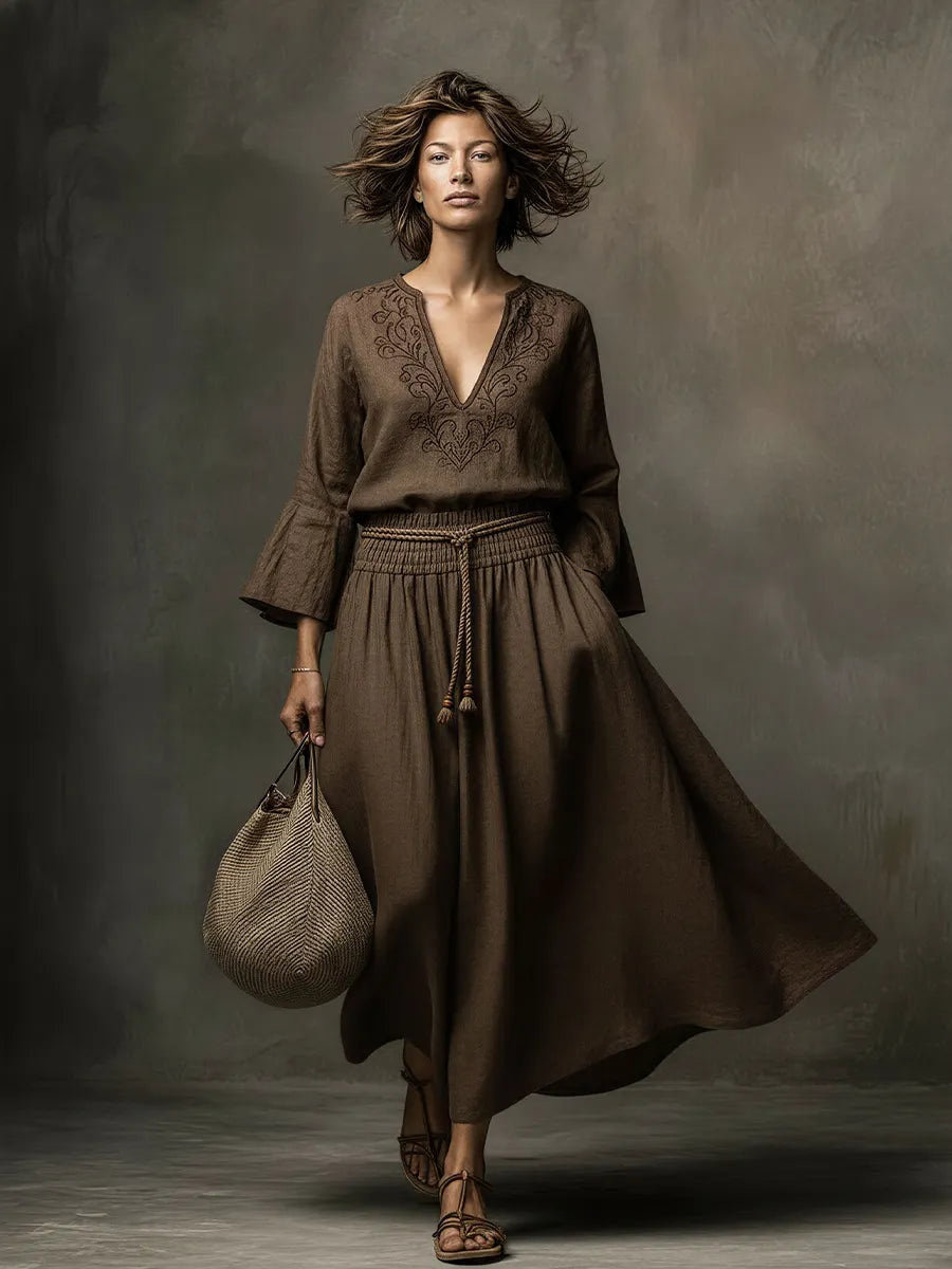 Women's Bohemian Dark Brown Linen-Cotton Embroidered Flare-Sleeve Waisted Maxi Dress MDZ2417D8GMJ