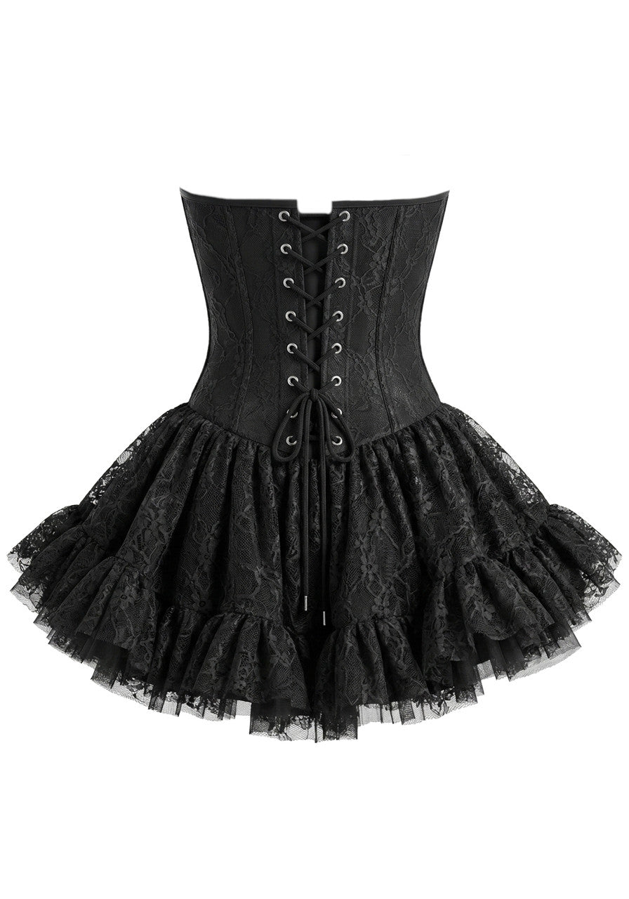 Strapless Draped Bustier Lace A Line Corset Dress Black