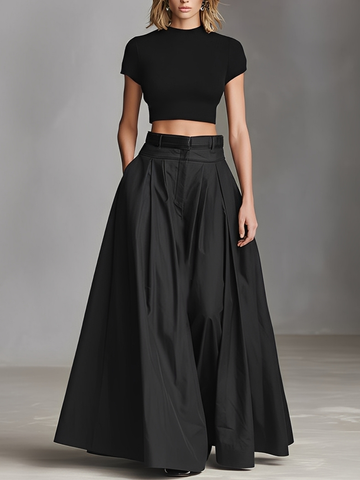 Women's Black Stretch-Knit & Woven Set With Cropped Top & Maxi Dress, Timeless Sleek-Chic Style Set (without Belt) MDZ1412A1I