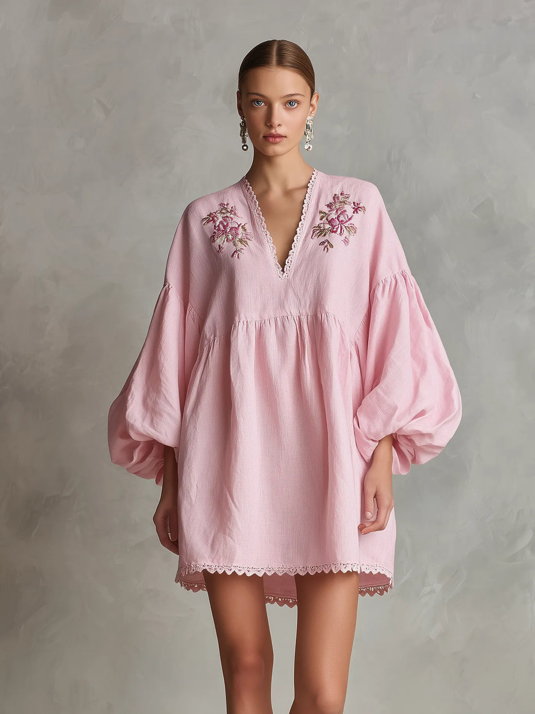 Women's Casual Light Pink Cotton-Linen Mini Dress — V-Neck, Embroidered, Long Puff Sleeves MDZ2321D2LXY