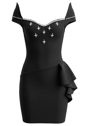 Crystal Bardot Ruffle Detail Dress Black