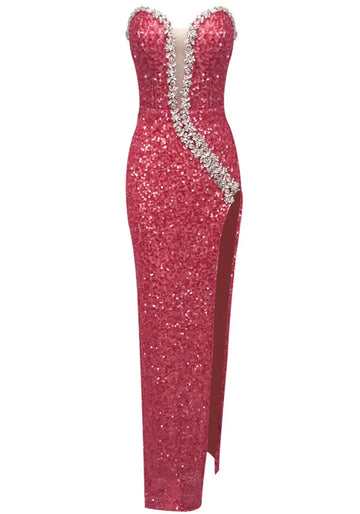 Strapless Crystal Sequin Maxi Dress Watermelon
