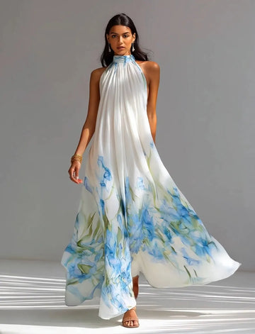 Bohemian-style Ink-wash Iris Print Halter-neck Sleeveless Maxi Dress