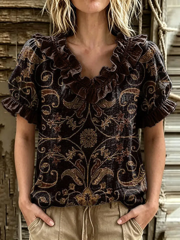Women's Vintage Paisley Print Ruffle V-Neck Puff Sleeve Top