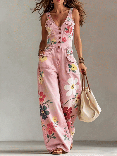 Women's Washed Denim Loose-Fit Sleeveless Jumpsuit with Straps  6753