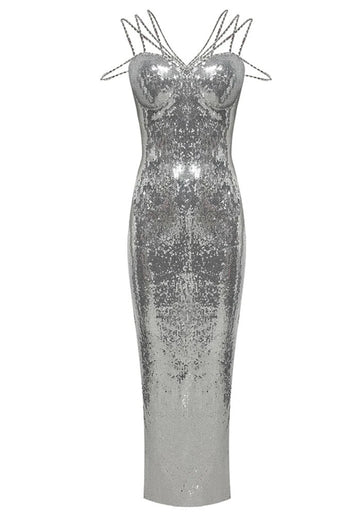 Strappy Bustier Sequin Maxi Dress Silver