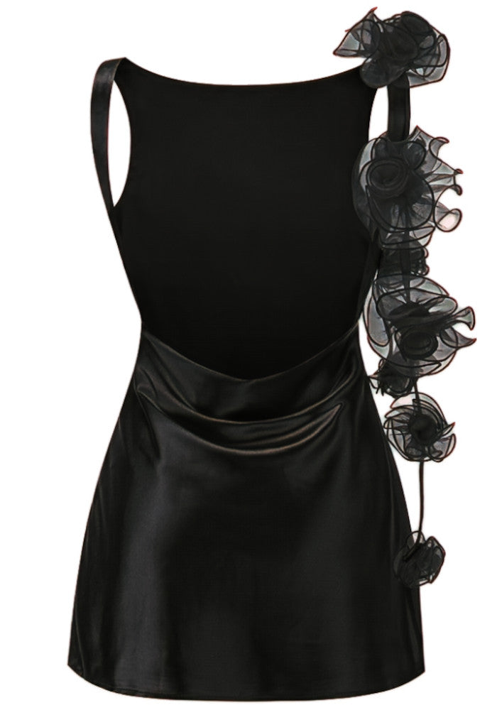 Floral Detail Backless Dress Black