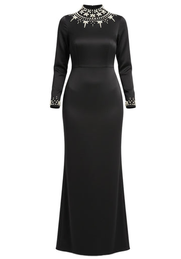 Long Sleeve Crystal Neck Detail Maxi Dress Black