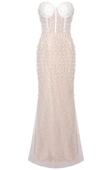 Strapless Pearl Sequin Corset Maxi Dress Nude