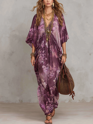 Vintage Purple Floral Bohemian Maxi Dress