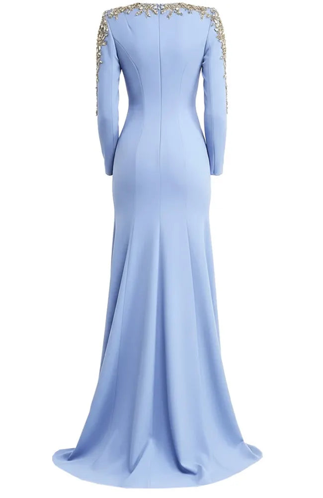 Long Sleeve Crystal Embellished Maxi Dress Blue