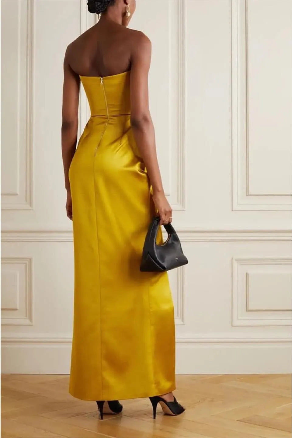 Satin Strapless High Split Midi Dress