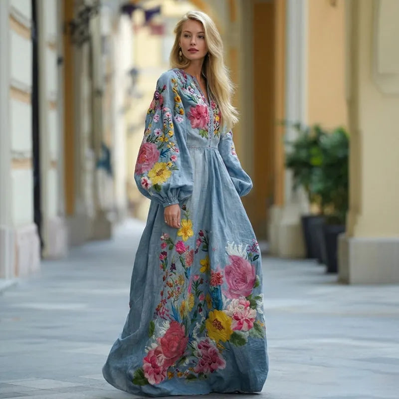 Women's Floral Art Print Linen V-neck Long Sleeve Dress
