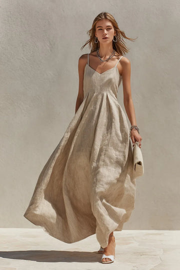 Women's Beige Linen Look Tiered Maxi Dress