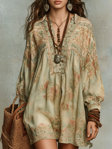 Vintage Boho Floral Embroidered Peasant Mini Dress