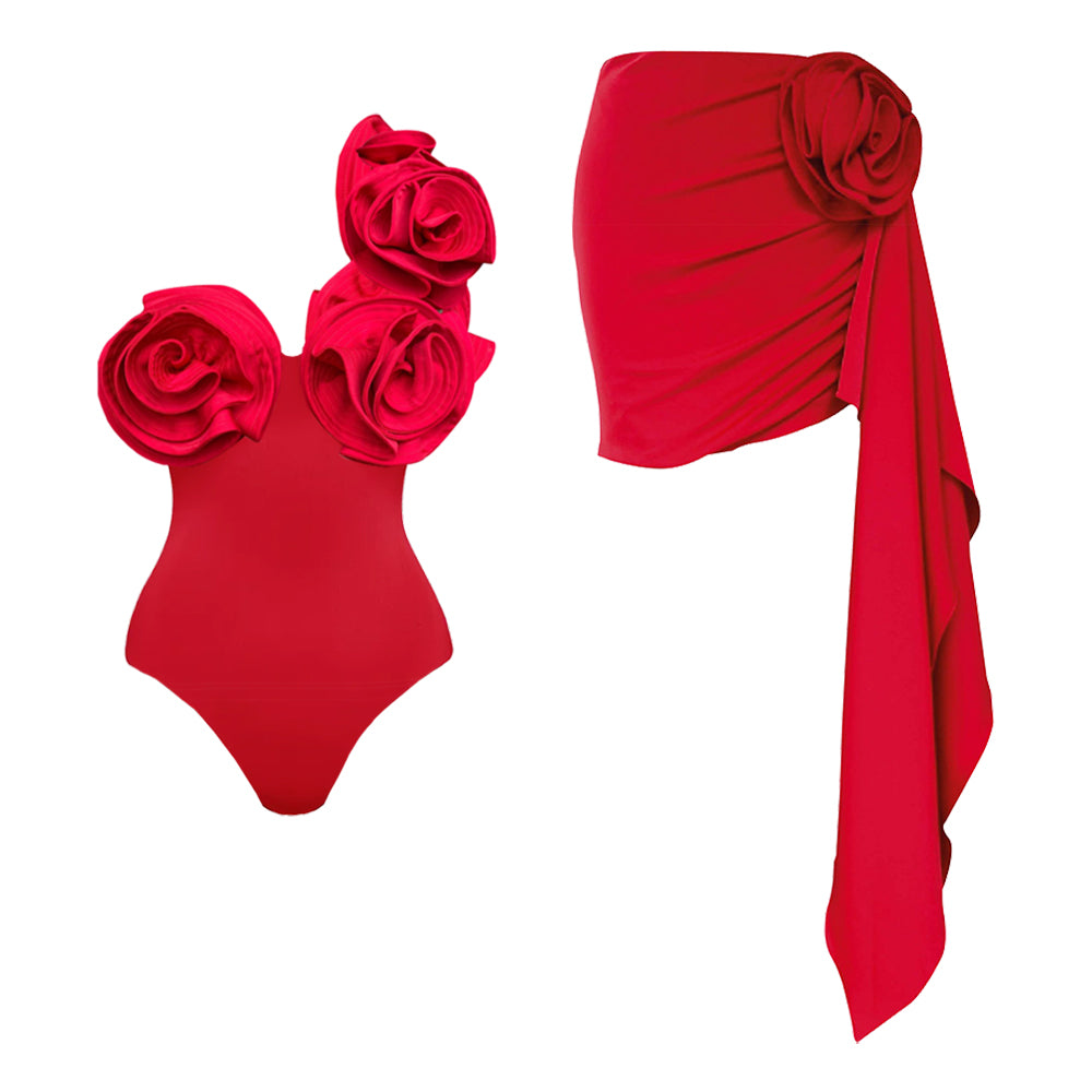 One Shoulder 3D Flowers One Piece Swimsuit and Skirt