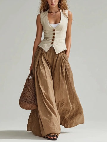 Casual beige vest and brown loose wide-leg trousers set