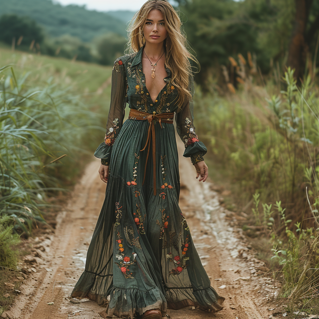 Sophisticated Pastoral Linen Dress | Women's Vintage V-Neck Long-Sleeve Maxi (Autumn Essential)