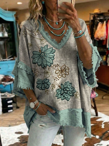 Retro Faux-embroidery Floral Design Patchwork Cotton-linen V-neck Shirt