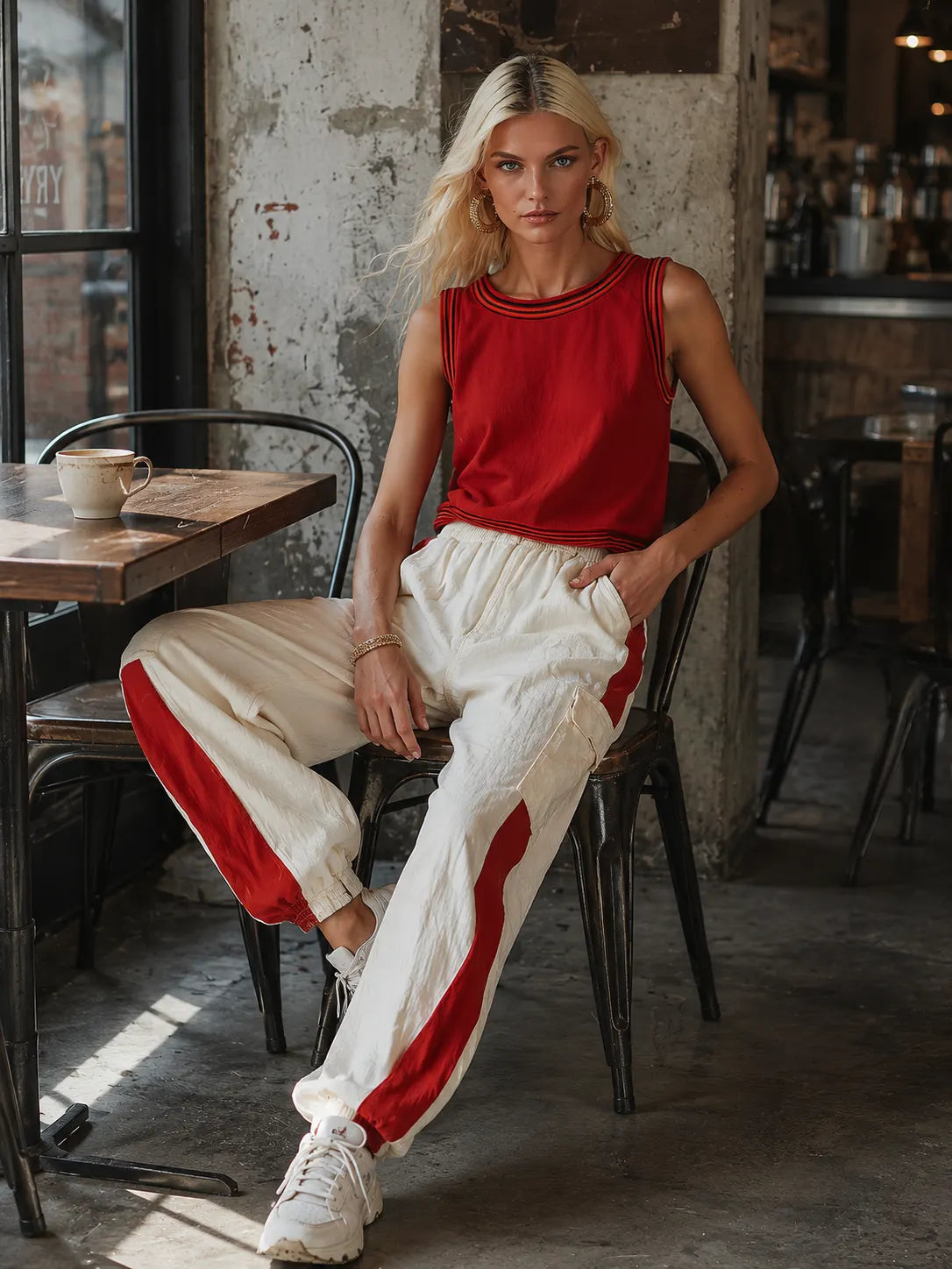 Casual & Stylish Red Vest And White Cargo Pants Cotton-Linen Set
