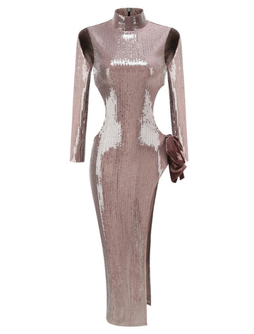 Long Sleeve Bow Detail Sequin Maxi Dress Brown