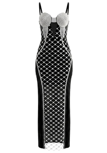 Tassel Bustier Sequin Maxi Dress Black Silver