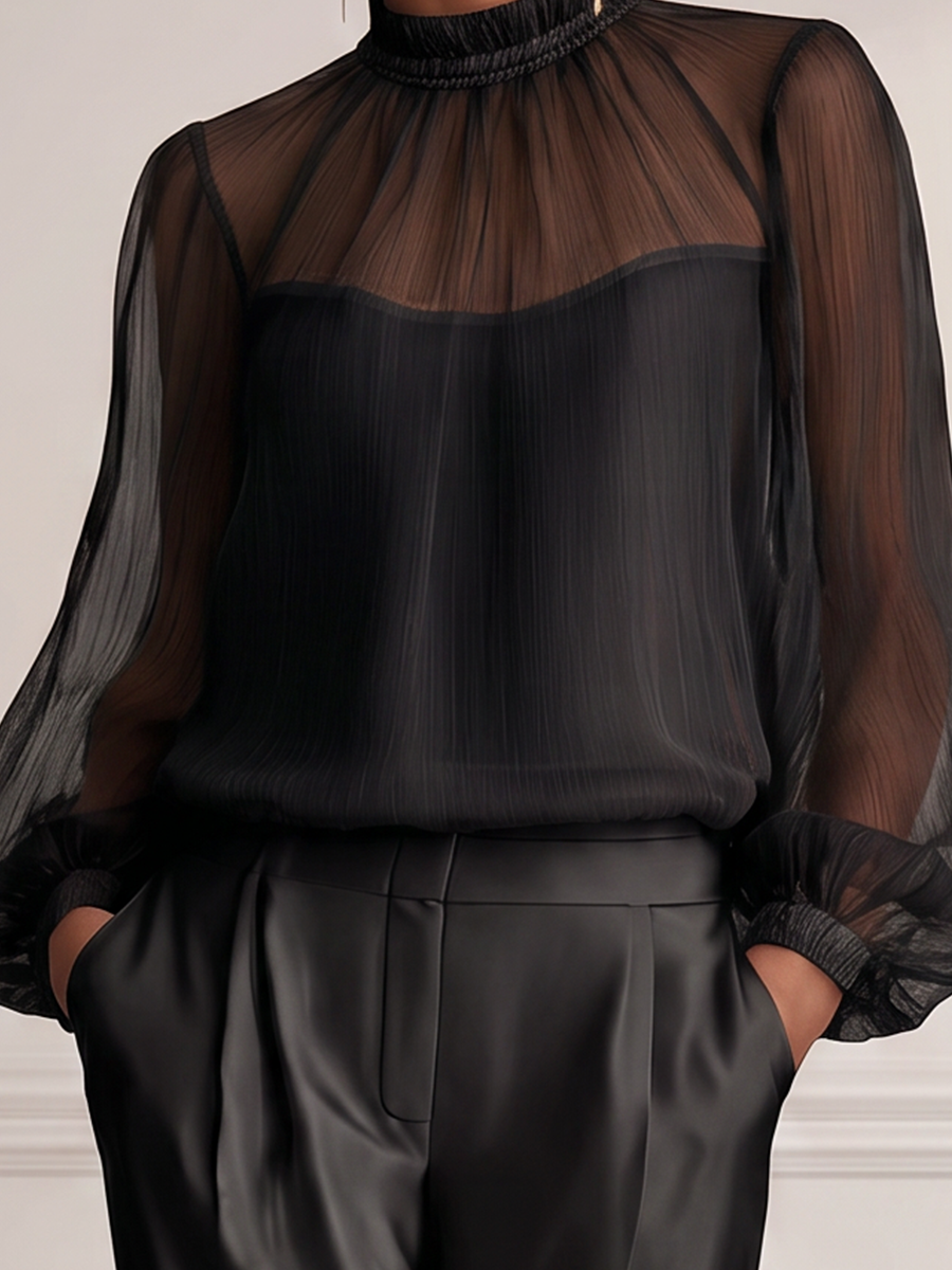 Black Sheer Pleated Chiffon High Neck Blouse