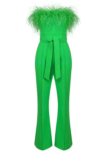 Strapless Feather Jumpsuit Green
