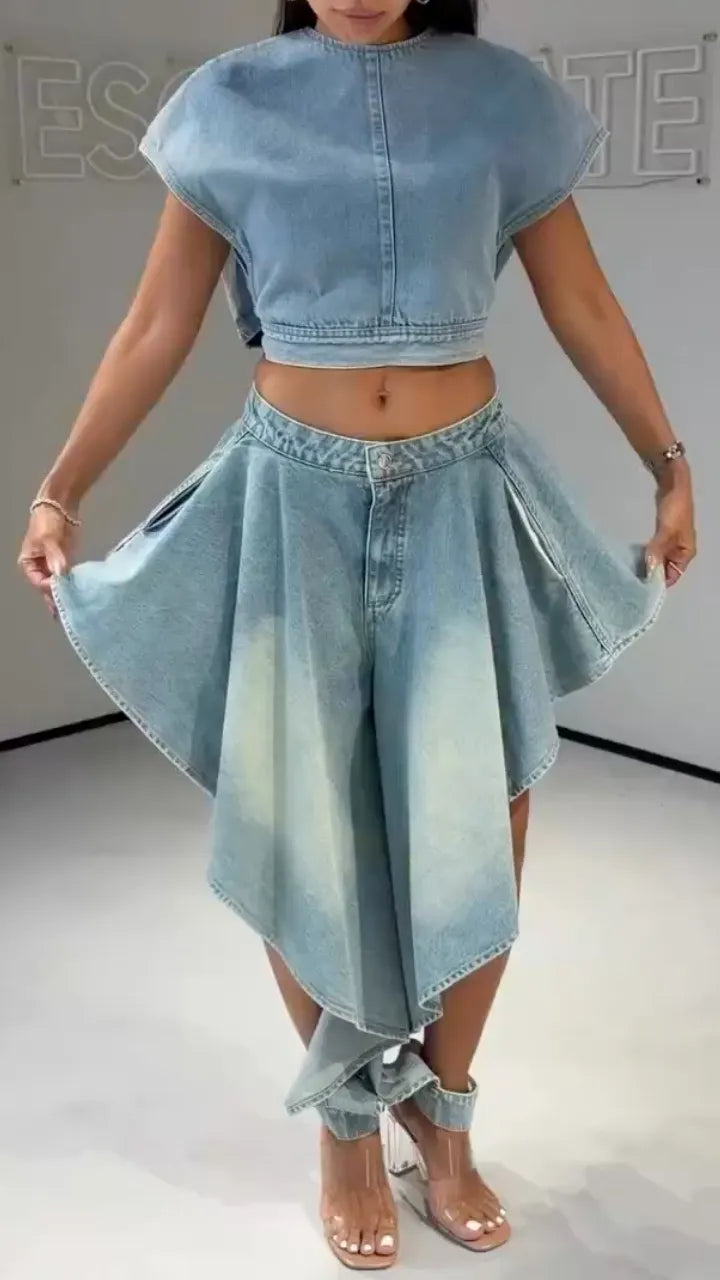 Women's Denim Two-Piece Set: Cap-Sleeve Cropped Top + Asymmetrical Pants