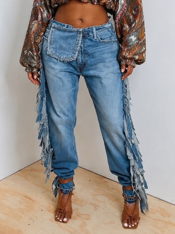 Distressed Fringe Jogger Denim Pants