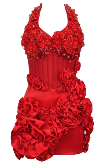Halter Crystal Floral Dress Red