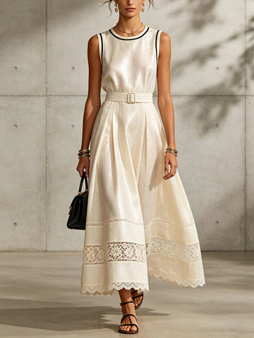 Elegant Sleeveless Linen And Cotton Dress With Lace Splicing