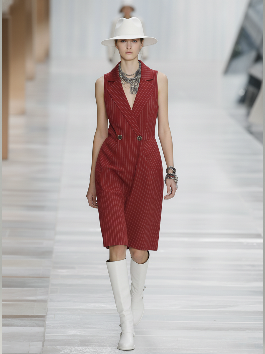Women’s Fashionable Red And White Striped Turn-Down Collar V-Neck Slim Waist Sleeveless Mid-Length Dress With Metal Buttons MDZ1684D2GMJ