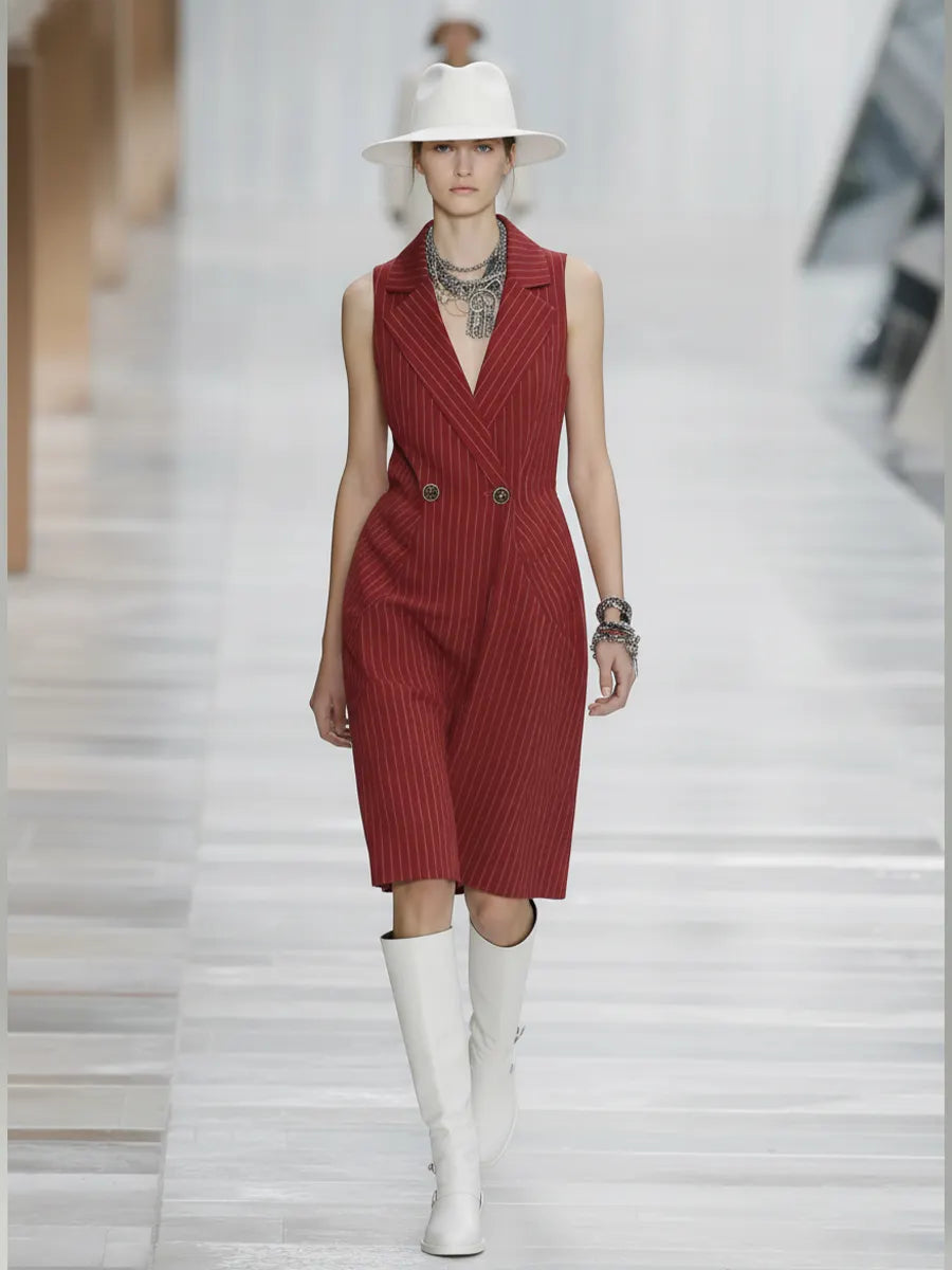 Women’s Fashionable Red And White Striped Turn-Down Collar V-Neck Slim Waist Sleeveless Mid-Length Dress With Metal Buttons MDZ1684D2GMJ