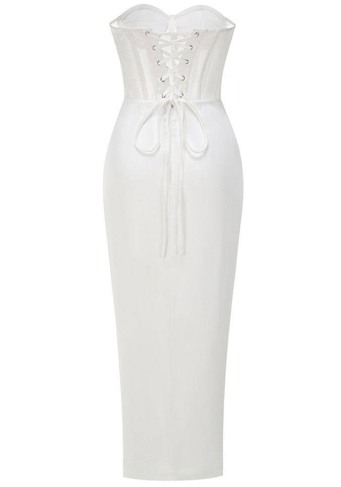 Strapless Mesh Corset Maxi Dress White