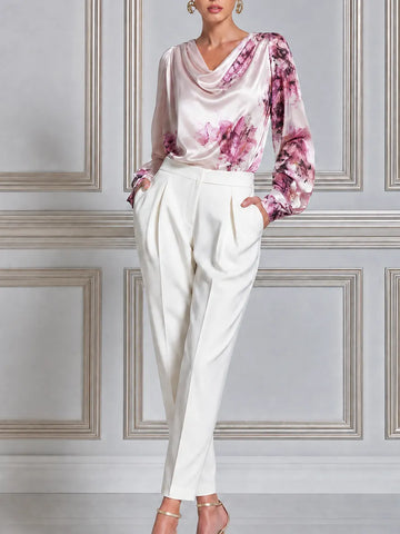 Ivory Pink Floral Satin Blouse & Pleated Tapered Trousers Set