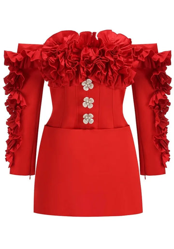 Long Sleeve Bardot Ruffle Dress Red