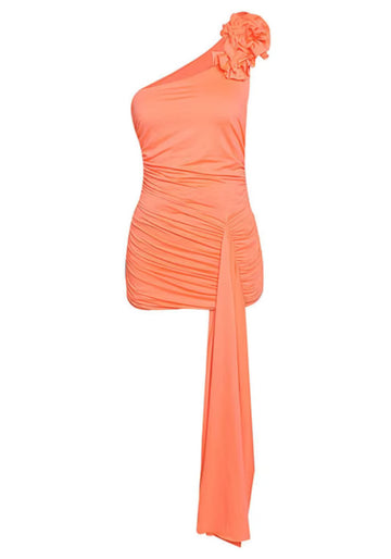 Floral One Shoulder Ruched Dress Orange