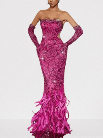 Pink Strapless Jewel, Sequin and Feather Gown