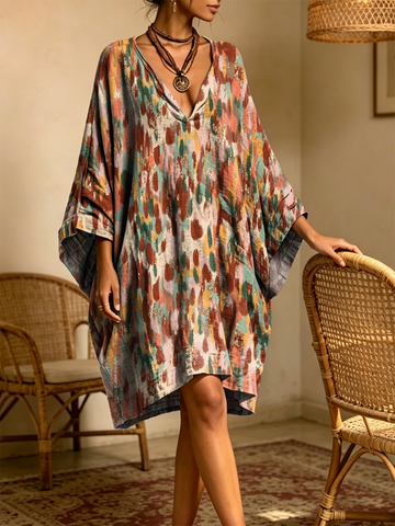 Women's Retro Art Print Casual Three-quarter Sleeve V-neck Cotton Linen Short Dress