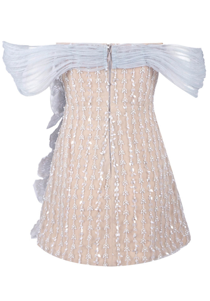 Floral Bardot Crystal Dress Nude