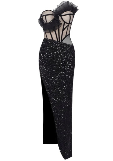 Strapless Ruffle Corset Sequin Maxi Dress Black