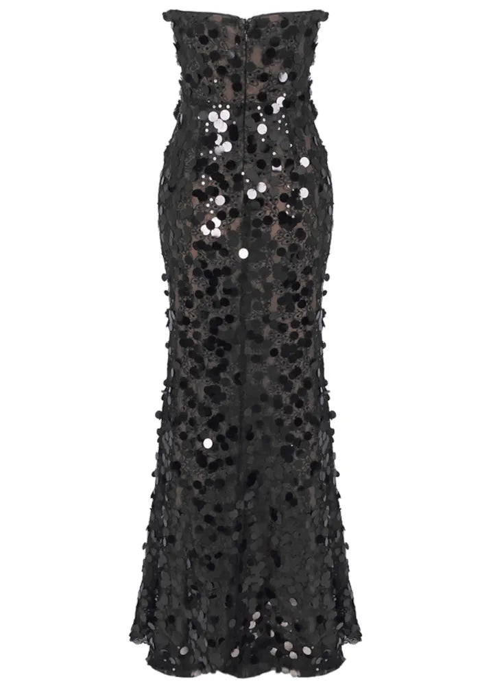 Strapless Sequin Floral Maxi Dress Black