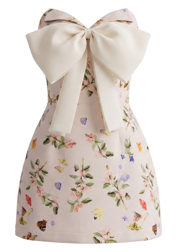 Strapless Floral Bow Detail Dress Peach