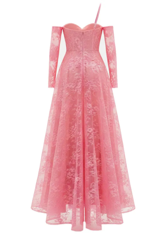 One Shoulder Lace Insert Maxi Dress Hot Pink
